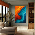 Quadro Decorativo Abstrato Vibrante | quadros decorativos para sala | Ondas abstratas em papel recortado laranja, vermelho e azul turquesa em composição fluida e dinâmica. | Porao dos Quadros