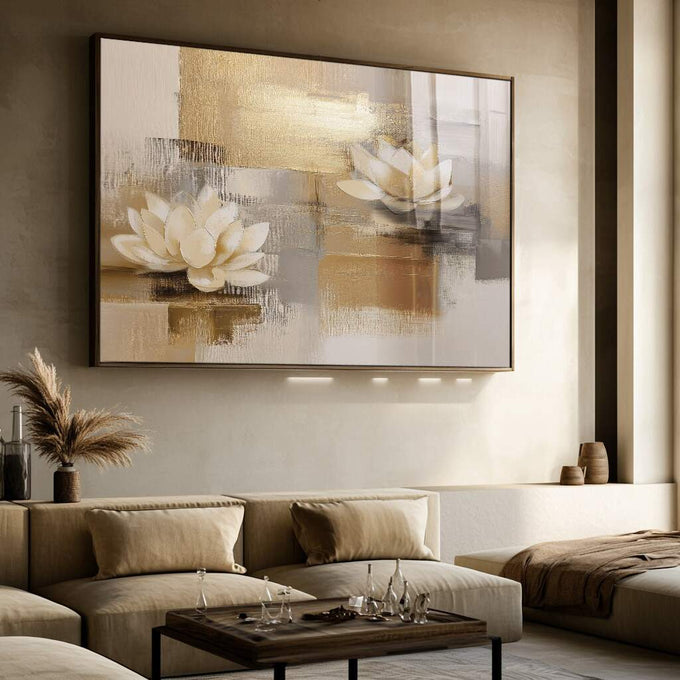 Quadro Decorativo Lótus Branca e Serenidade | quadros decorativos para sala | Flores lótus brancas com texturas douradas e cinzentas em composição abstrata moderna | Porao dos Quadros