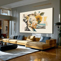 Quadro Decorativo - Retrato Vibrante em Colagem | quadros decorativos para sala | Retrato em colagem artística com girassol, folhas e paisagem montanhosa em tons bege e dourado | Porao dos Quadros