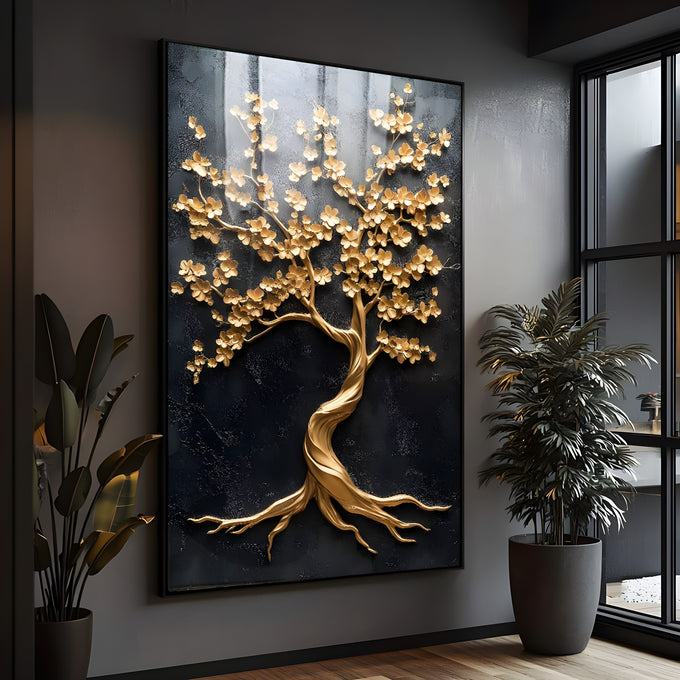 Árvore dourada com flores e tronco retorcido sobre fundo preto texturizado, quadro decorativo