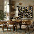 Quadro Decorativo Geometria Elegante | quadros decorativos para sala | Painel abstrato geométrico com semicírculos, quadrados em ouro, preto, cinza e branco compostos em duas telas. | Porao dos Quadros