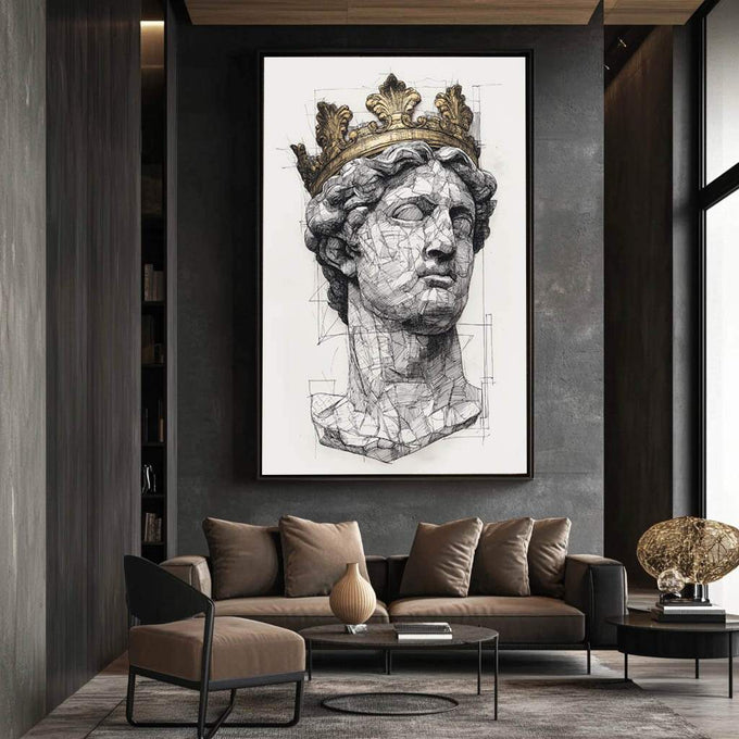 Quadro Decorativo Busto Clássico com Coroa Dourada | quadros decorativos para sala | Busto clássico em preto e branco com coroa dourada e traços geométricos precisos em composição vertical. | Porao dos Quadros