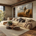 Quadro Decorativo Pastor e Ovelhas | quadros decorativos para sala | Pastora com ovelhas em campo dourado sob céu nublado, tons terrosos e luz natural. | Porao dos Quadros