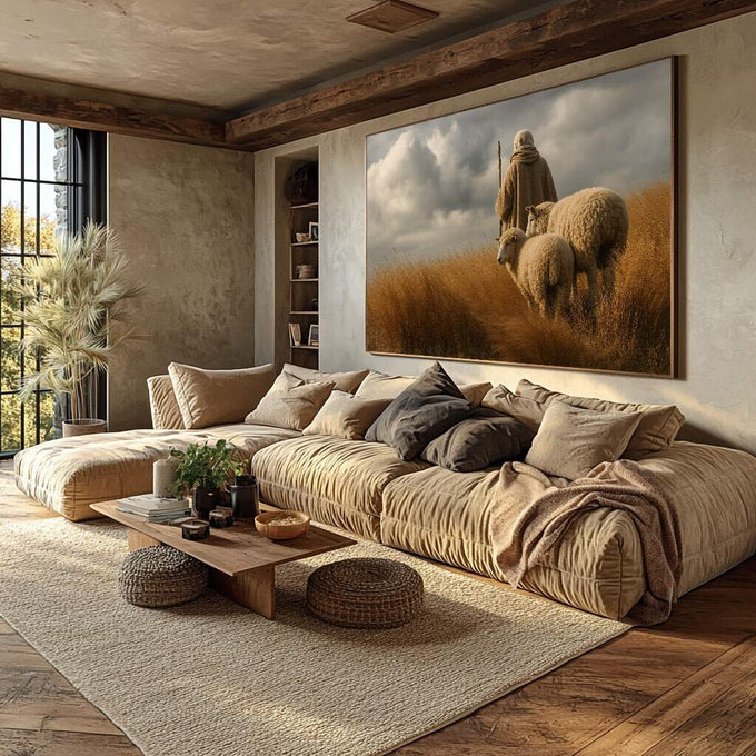 Quadro Decorativo Pastor e Ovelhas | quadros decorativos para sala | Pastora com ovelhas em campo dourado sob céu nublado, tons terrosos e luz natural. | Porao dos Quadros