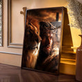 Quadro Decorativo Majestade e Sacrifício Leão de Judá | quadros decorativos para sala | Jesus em encontro sagrado com leão dourado em composição hiperealista e iluminação dramática | Porao dos Quadros