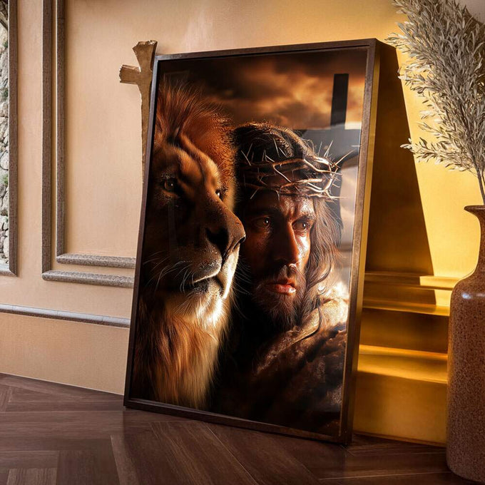Quadro Decorativo Majestade e Sacrifício Leão de Judá | quadros decorativos para sala | Jesus em encontro sagrado com leão dourado em composição hiperealista e iluminação dramática | Porao dos Quadros