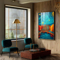 Quadro Decorativo Cidade Sob o Céu Noturno | quadros decorativos para sala | Céu azul com espirais douradas sobre prédios de Amsterdã com iluminação quente e vibrante | Porao dos Quadros