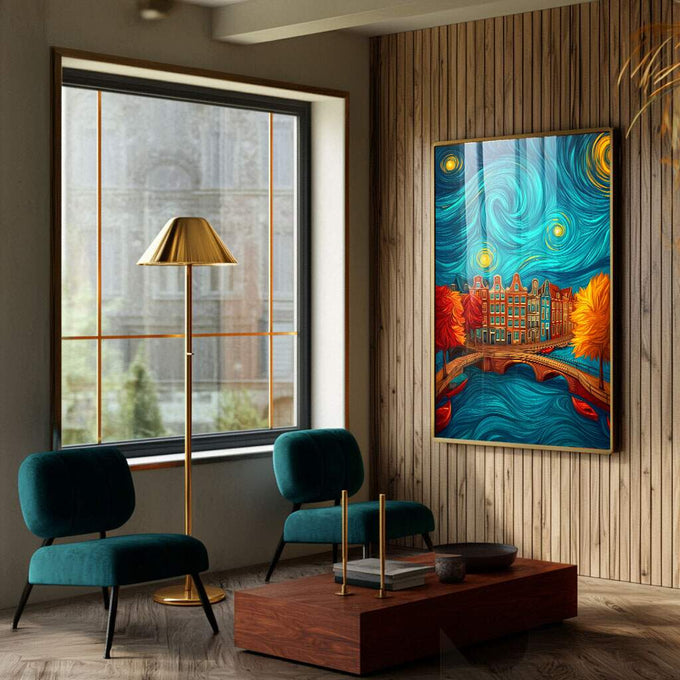Quadro Decorativo Cidade Sob o Céu Noturno | quadros decorativos para sala | Céu azul com espirais douradas sobre prédios de Amsterdã com iluminação quente e vibrante | Porao dos Quadros
