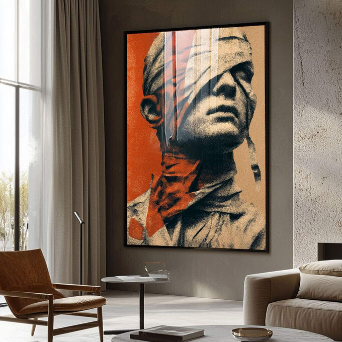 Quadro Decorativo Força em Vulnerabilidade | quadros decorativos para sala | Retrato pop art masculino em laranja, bege e preto com composição marcante | Porao dos Quadros