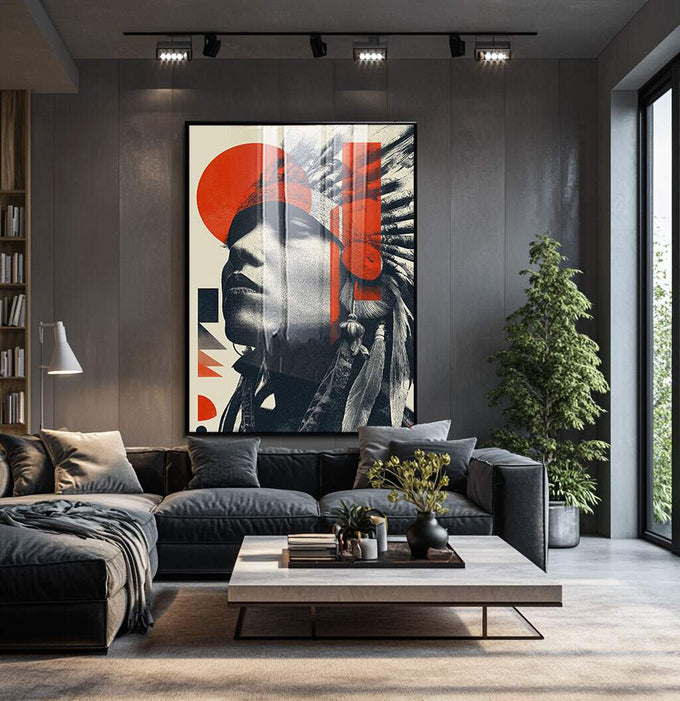 Quadro Decorativo Indígena Moderno | quadros decorativos para sala | Retrato indígena em preto e branco com sobreposição de formas geométricas vermelhas e círculos. | Porao dos Quadros
