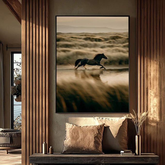 Quadro Decorativo Cavalo em Movimento | quadros decorativos para sala | Cavalo preto galopando na água com paisagem árida ao fundo | Porao dos Quadros