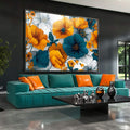 Quadro Decorativo Floral Vibrante para Casa | quadros decorativos para sala | Flores amarelas e azuis em ilustração botânica refinada com fundo branco | Porao dos Quadros