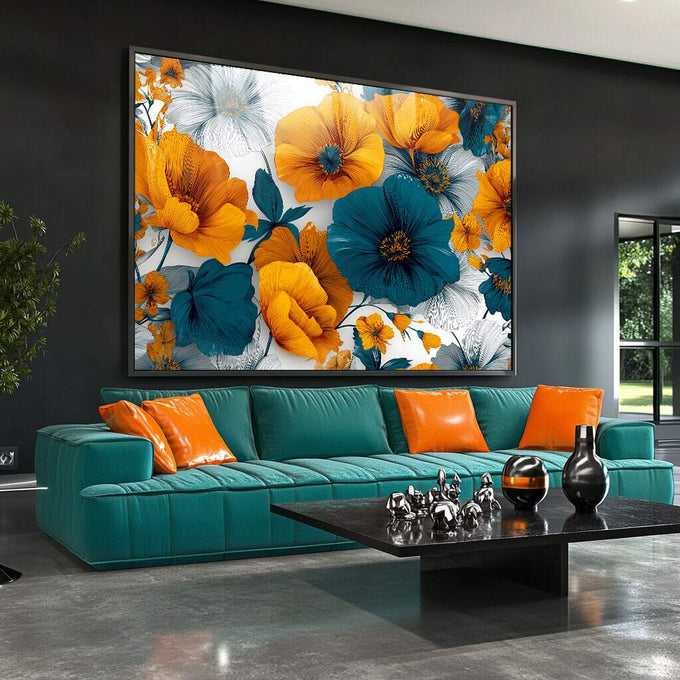 Quadro Decorativo Floral Vibrante para Casa | quadros decorativos para sala | Flores amarelas e azuis em ilustração botânica refinada com fundo branco | Porao dos Quadros