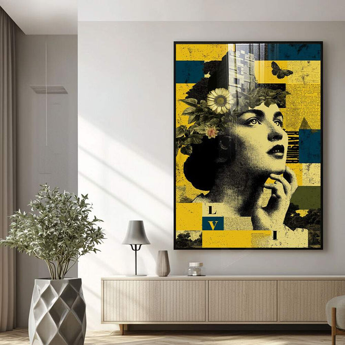 Quadro Decorativo Reflexos da Alma Feminina | quadros decorativos para sala | Mulher com flores, borboletas e blocos geométricos em amarelo, azul e preto | Porao dos Quadros