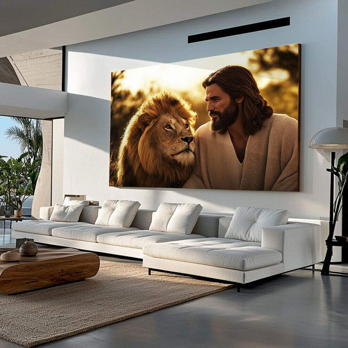 Quadro Decorativo - Simbiose de Força e Serenidade | quadros decorativos para sala | Homem e leão em harmonia dourada com luz natural envolvente e composição simbólica profunda | Porao dos Quadros