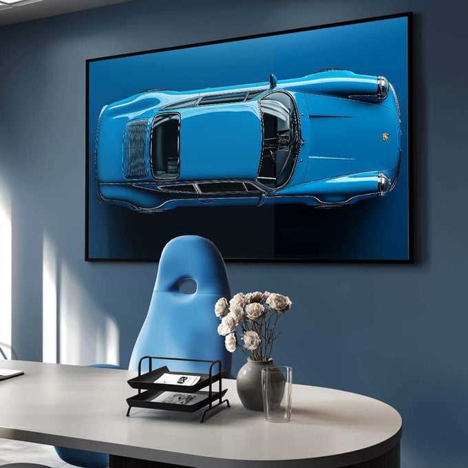 Quadro Decorativo Carro Esportivo em Azul Vibrante - Elegância e Velocidade | quadros decorativos para sala | Porsche azul clássico em vista superior com detalhes realistas e fundo azul profundo. | Porao dos Quadros