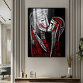 Casal abstrato em traços brancos e vermelhos sobre fundo preto, rostos unidos, quadro decorativo