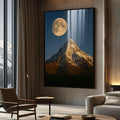 Quadro Decorativo Majestade da Lua e Montanha | quadros decorativos para sala | Lua cheia dourada acima de montanha rochosa em tons ocre, céu azul noturno profundo. | Porao dos Quadros