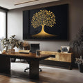 Quadro Decorativo Árvore da Vida em Dourado  Beleza e Simbologia | quadros decorativos para sala | Árvore com folhas douradas radiantes e raízes profundas em fundo preto minimalista | Porao dos Quadros