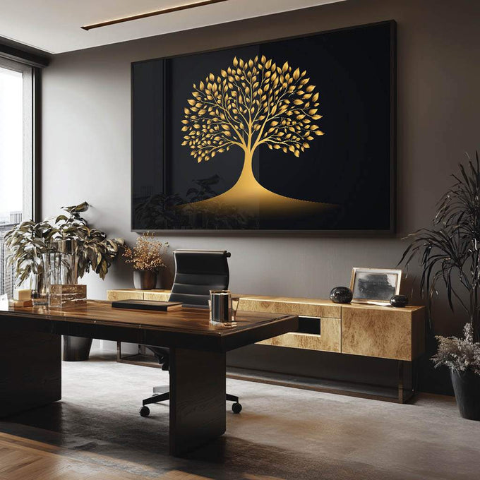 Quadro Decorativo Árvore da Vida em Dourado  Beleza e Simbologia | quadros decorativos para sala | Árvore com folhas douradas radiantes e raízes profundas em fundo preto minimalista | Porao dos Quadros