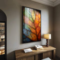 Quadro Decorativo Folhas Vibrantes | quadros decorativos para sala | Folhas coloridas com luz natural em tons laranja, verde, azul e bege translúcidos. | Porao dos Quadros