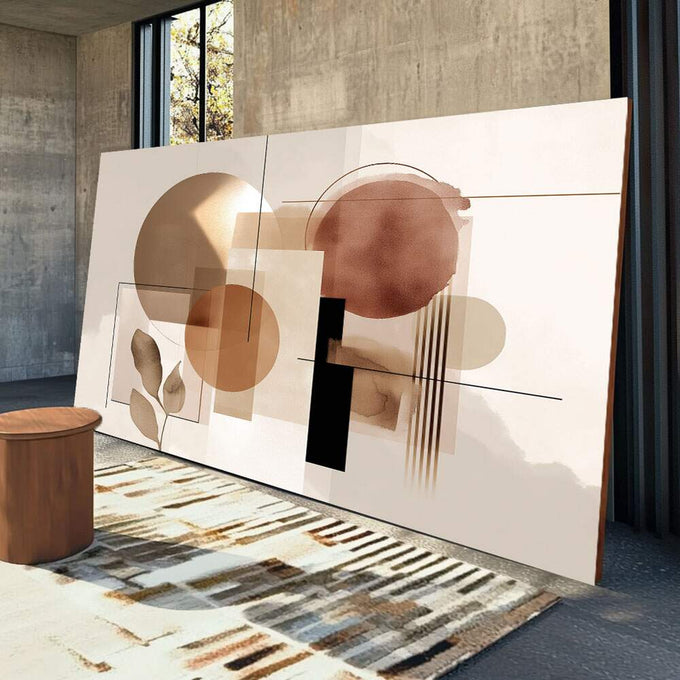 Quadro Decorativo Abstract Harmony Sophisticated | quadros decorativos para sala | Composição abstrata com círculos e formas geométricas em tons bege, terracota e preto em harmonia visual. | Porao dos Quadros