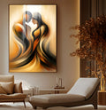 Casal abstrato de rosto colado em linhas fluidas douradas, laranja e pretas, quadro decorativo