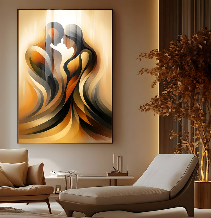 Casal abstrato de rosto colado em linhas fluidas douradas, laranja e pretas, quadro decorativo