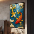 Quadro Decorativo Peixes Koi em Movimento | quadros decorativos para sala | Duas carpas em dourado e vermelho nadam em águas azul profundo com nuvens douradas molduando a cena | Porao dos Quadros