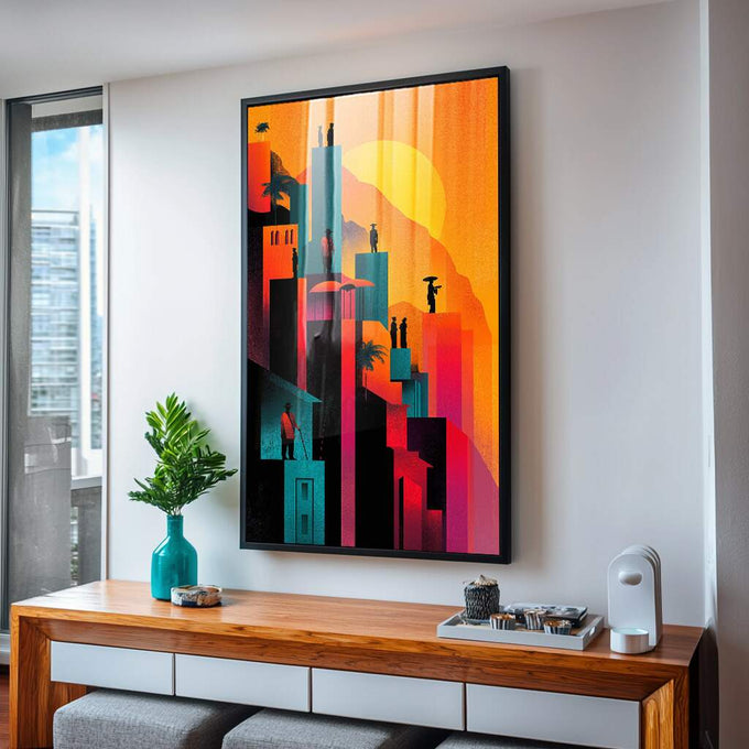 Quadro Decorativo Cidade ao Pôr do Sol Vibrante | quadros decorativos para sala | Cidade futurista com edifícios em azul e preto contra céu laranja e amarelo incandescente com figuras humanas | Porao dos Quadros