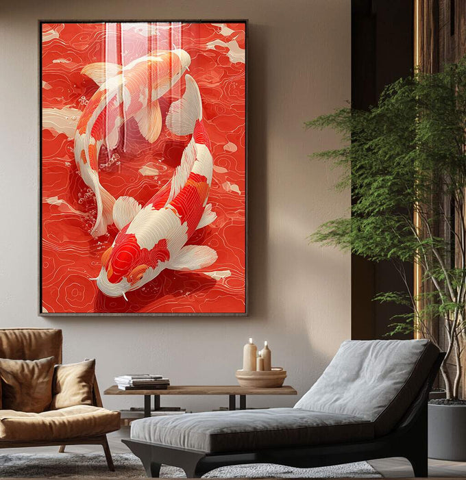 Quadro Decorativo Koi em Movimento | quadros decorativos para sala | Carpas koi em vermelho e branco nadadando em composição dinâmica sobre fundo vermelho intenso | Porao dos Quadros