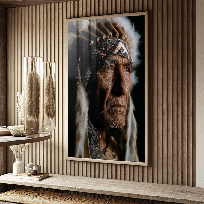 Quadro Decorativo - Retrato de Sabedoria Indígena | quadros decorativos para sala | Retrato fotográfico de indígena com cocar tradicional em tons marrom e preto com luz expressiva. | Porao dos Quadros
