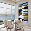 Quadro Decorativo Abstrato Serenidade em Cores | quadros decorativos para sala | Pinceladas abstratas em azul profundo, dourado e branco em composição dinâmica vertical | Porao dos Quadros