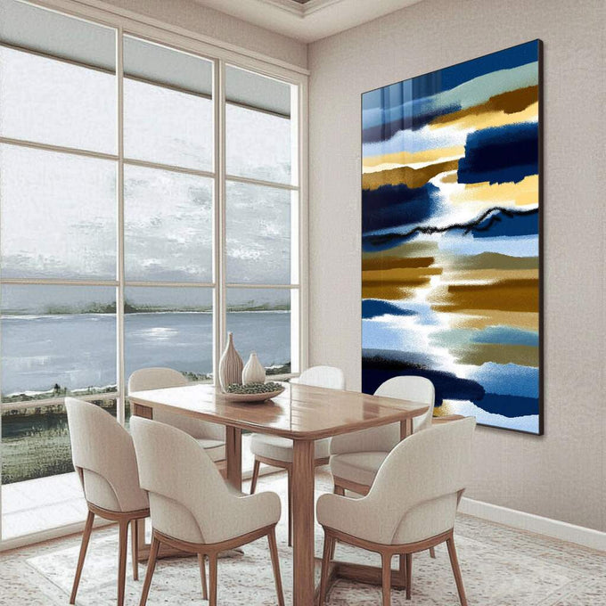 Quadro Decorativo Abstrato Serenidade em Cores | quadros decorativos para sala | Pinceladas abstratas em azul profundo, dourado e branco em composição dinâmica vertical | Porao dos Quadros