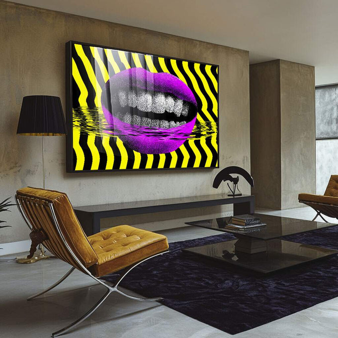 Quadro Decorativo Boca Vibrante | quadros decorativos para sala | Boca rosa e magenta com padrão geométrico amarelo e preto em composição digital contemporânea | Porao dos Quadros