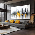 Skyline abstrato de cidade em cinza, preto e branco com reflexos amarelos na água, quadro decorativo
