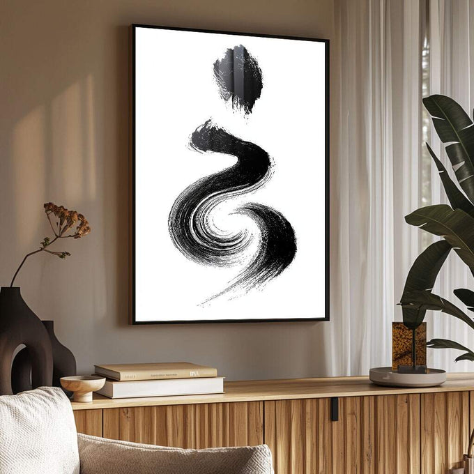 Quadro Decorativo Pincelada em Preto e Branco | quadros decorativos para sala | Traços abstratos em preto e branco descrevem formas orgânicas e ondulantes em composição gestual | Porao dos Quadros