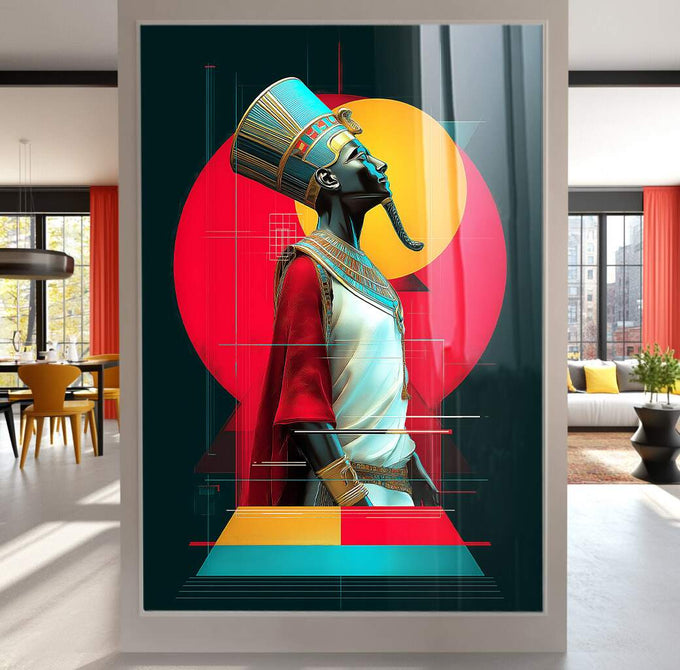 Quadro Majestade Geométrica Moderna | quadros decorativos para sala | Nefertiti em tons azuis e pretos com círculo vermelho-alaranjado sobre fundo verde-escuro em composição geométrica contemporânea | Porao dos Quadros