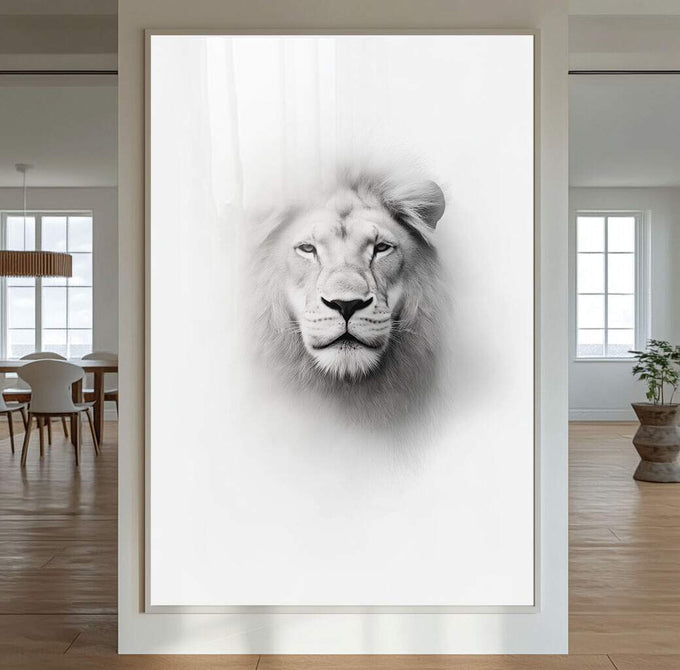 Quadro Decorativo Leão Monocromático | quadros decorativos para sala | Leão branco em preto e branco com olhar profundo e juba volumosa | Porao dos Quadros