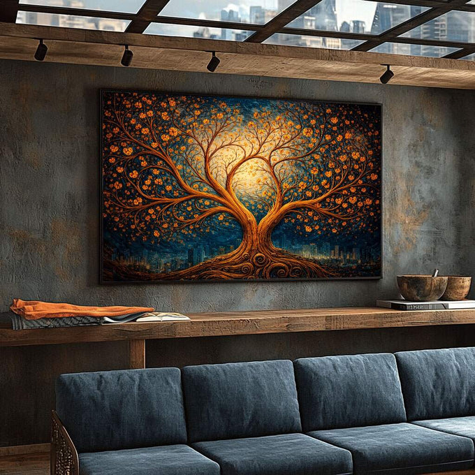 Quadro Decorativo Árvore da Vida | quadros decorativos para sala | Árvore dourada com flores laranja em fundo azul e cenário citadino | Porao dos Quadros