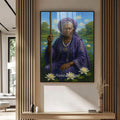 Quadro Decorativo Orixá Nanã: Sabedoria Ancestral | quadros decorativos para sala | Mulher africana em roxo com lótus brancos, água ao fundo, olhar dignidade. | Porao dos Quadros