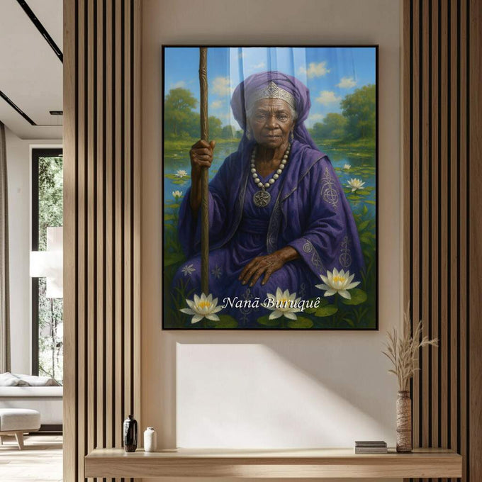 Quadro Decorativo Orixá Nanã: Sabedoria Ancestral | quadros decorativos para sala | Mulher africana em roxo com lótus brancos, água ao fundo, olhar dignidade. | Porao dos Quadros