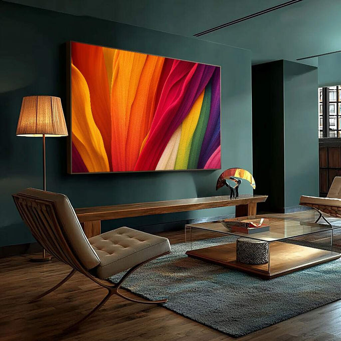 Quadro Decorativo Vibrante e Dinâmico | quadros decorativos para sala | Quadro abstrato com linhas dinâmicas em laranja, vermelho, roxo, amarelo e verde vibrantes | Porao dos Quadros