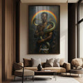 Quadro Decorativo Orixá Oxumarê: Renovação e Luz | quadros decorativos para sala | Orixá com pele negra envolvido por serpente dourada em halo luminoso divino | Porao dos Quadros