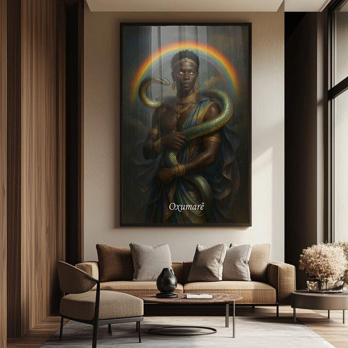 Quadro Decorativo Orixá Oxumarê: Renovação e Luz | quadros decorativos para sala | Orixá com pele negra envolvido por serpente dourada em halo luminoso divino | Porao dos Quadros