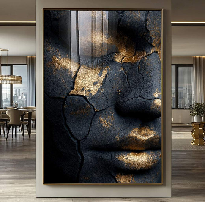 Quadro Decorativo Face Abstrata Dourada | quadros decorativos para sala | Rosto texturizado em preto e dourado com efeito craquelado e detalhes luminosos | Porao dos Quadros