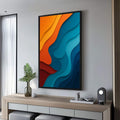 Quadro Decorativo Fluid Art Vibrante | quadros decorativos para sala | Ondas abstratas em papel recortado com laranja, amarelo e azul em composição fluida e profunda. | Porao dos Quadros