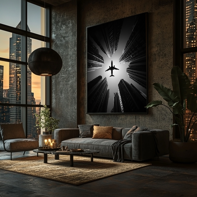 Quadro Decorativo Avião em Cidade Moderna | quadros decorativos para sala | Avião em voo entre edifícios altos em perspectiva com luz radiante em preto e branco puro. | Porao dos Quadros