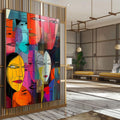 Quadro Decorativo Rostos em Cores | quadros decorativos para sala | Múltiplos rostos abstratos em cores vibrantes, vermelho, laranja, azul e magenta em sobreposição | Porao dos Quadros