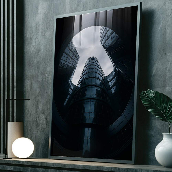 Quadro Decorativo Arquitetura Moderna e Harmônica | quadros decorativos para sala | Edifício cilíndrico visto de baixo em perspectiva arquitetônica com céu nublado ao fundo | Porao dos Quadros